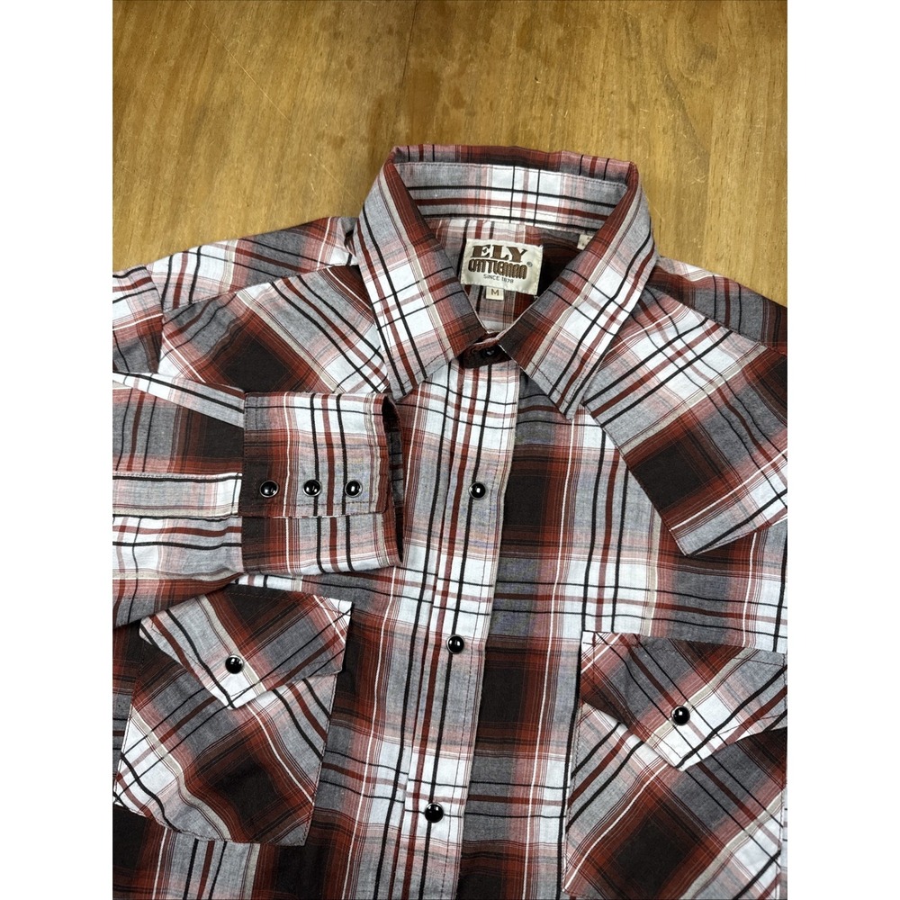 Ely Cattleman Long Sleeve Western‎ Pearl Snap Shirt Men's M Red Plaid Cowboy